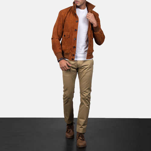 Men Eaton Brown Suede Bomber Jacket