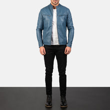 Load image into Gallery viewer, Men Ionic Blue Leather Biker Jacket
